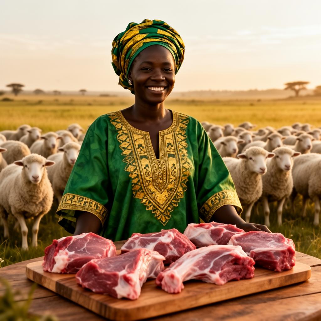 Femme éleveuse sénégalaise avec viande ovine premium